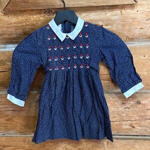 Vintage Polly Flinder's 4 Girls Navy Smocked Dress with White Collar